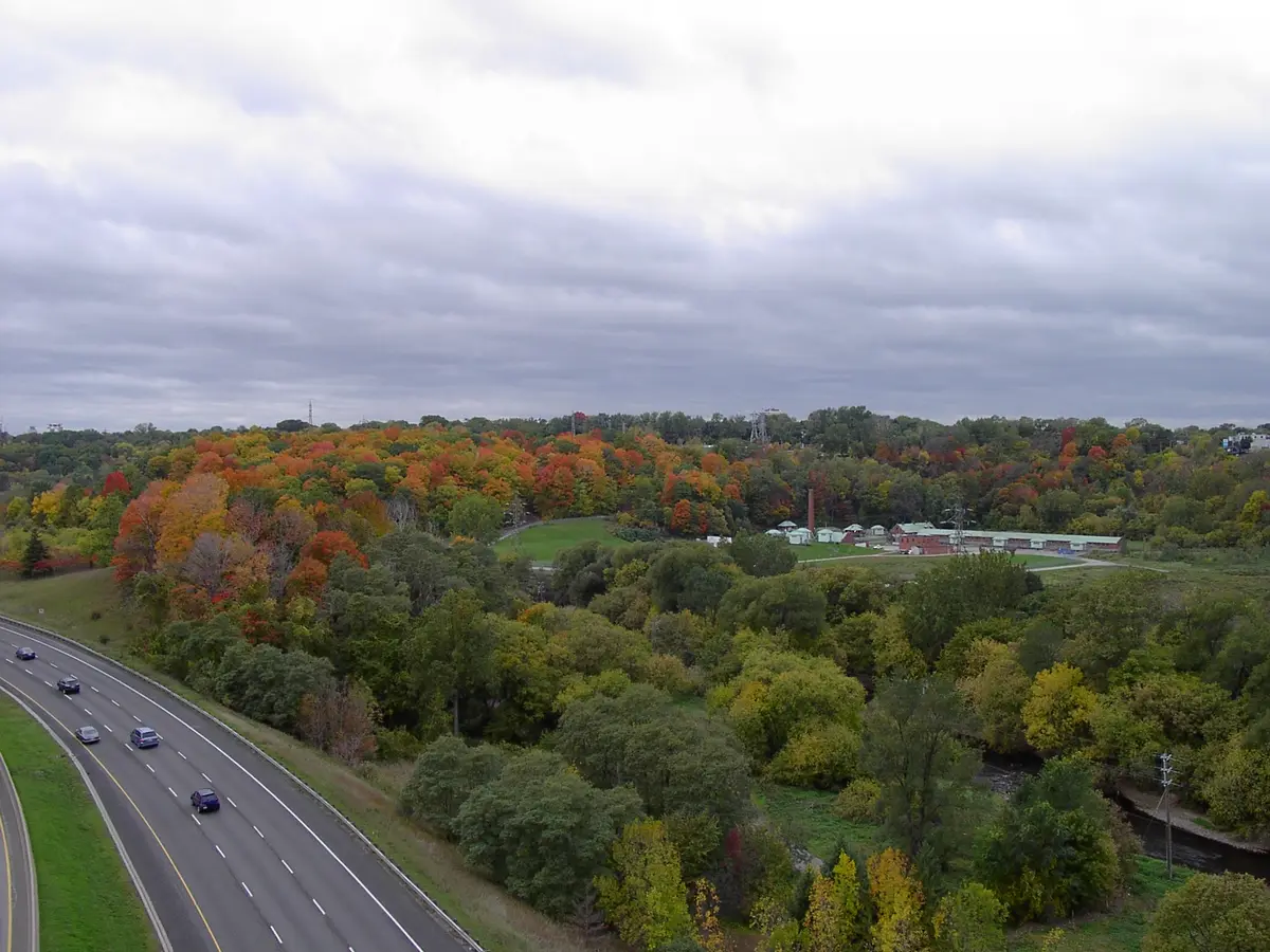 Autumn colours across Crothers Woods in the Don Valley, seen from the Leaside Bridge