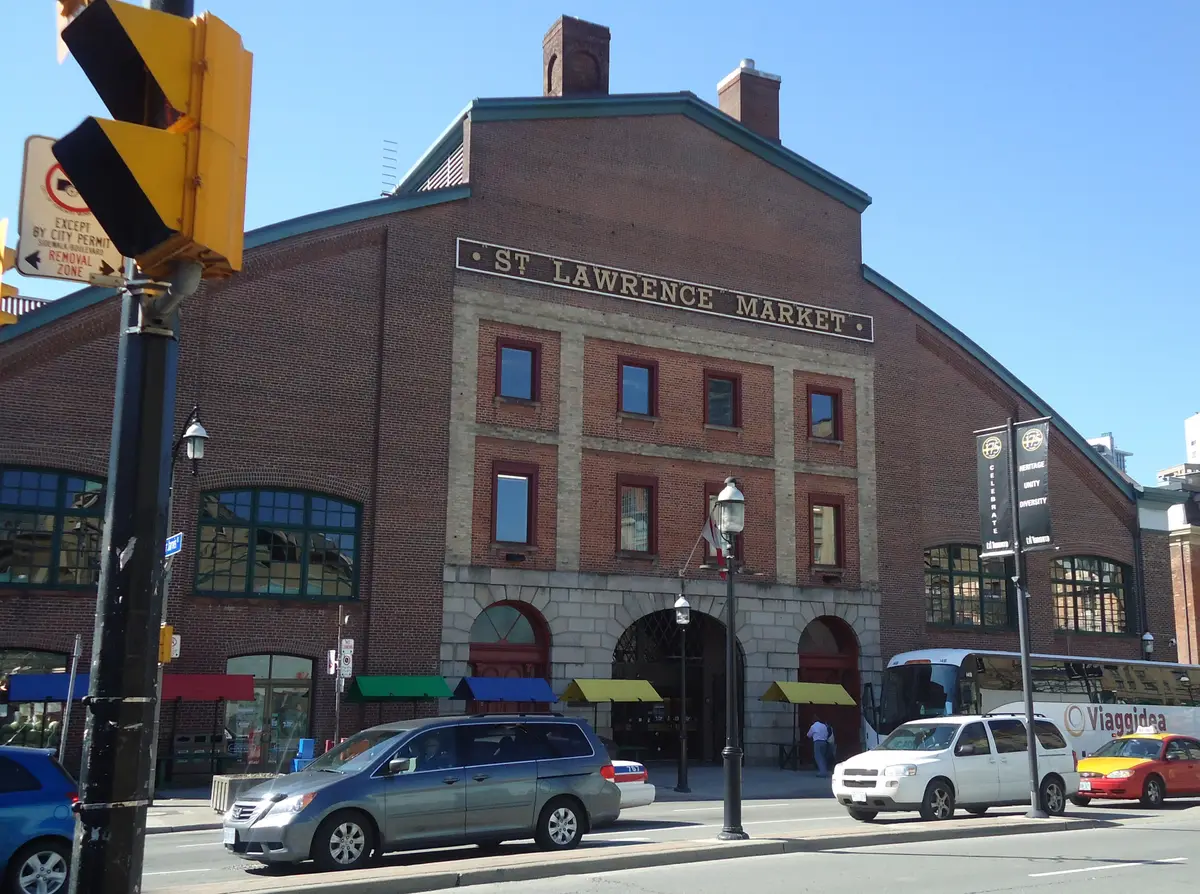 The brick front of St. Lawrence Market under a clear blue sky with the market name above the arches