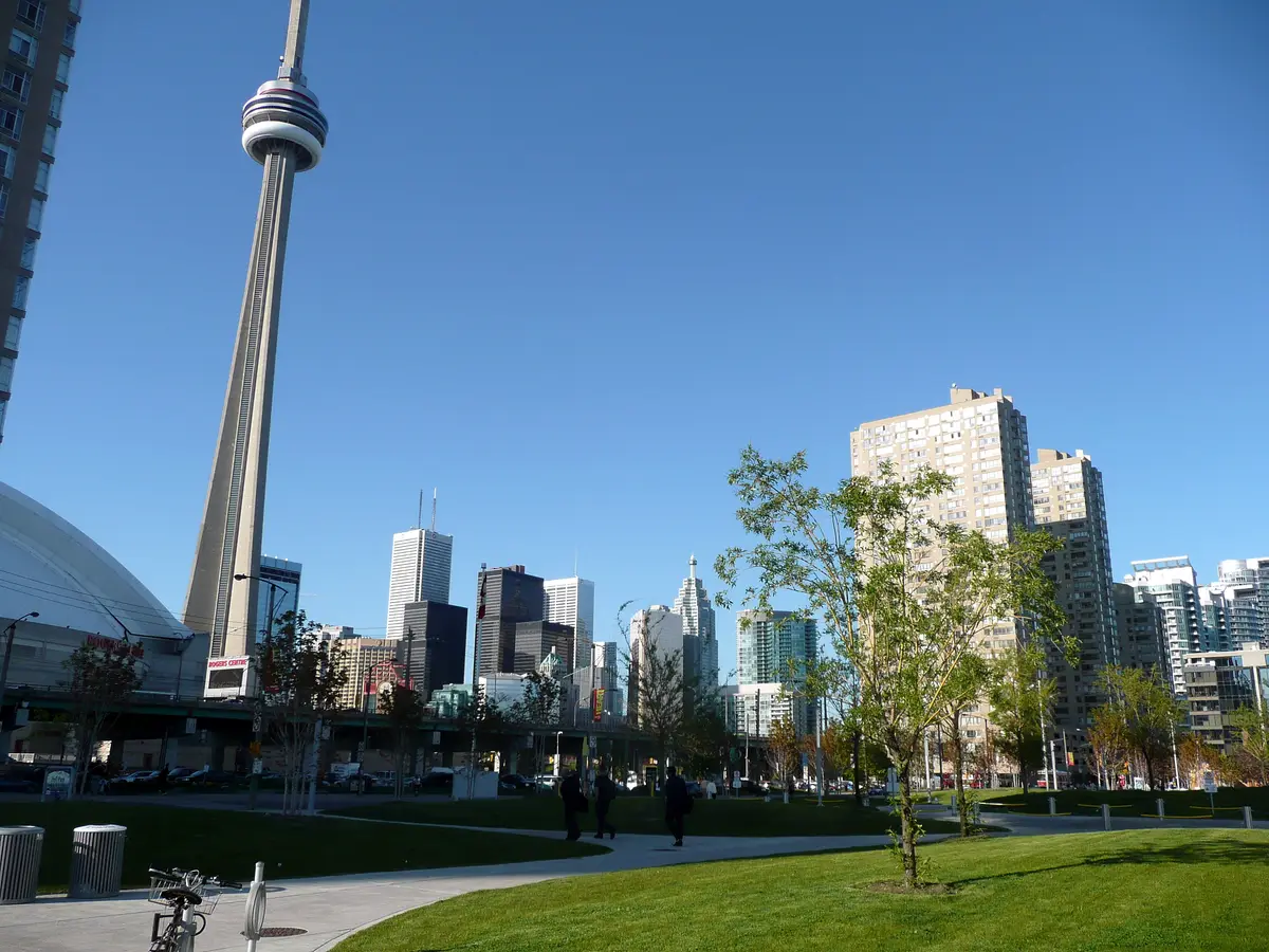The CN Tower rising above a green park, with downtown office towers and apartment blocks behind it