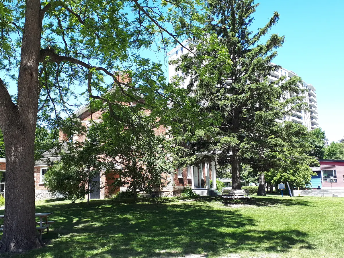 The front of Gibson House with large trees on the lawn and a tall apartment building behind
