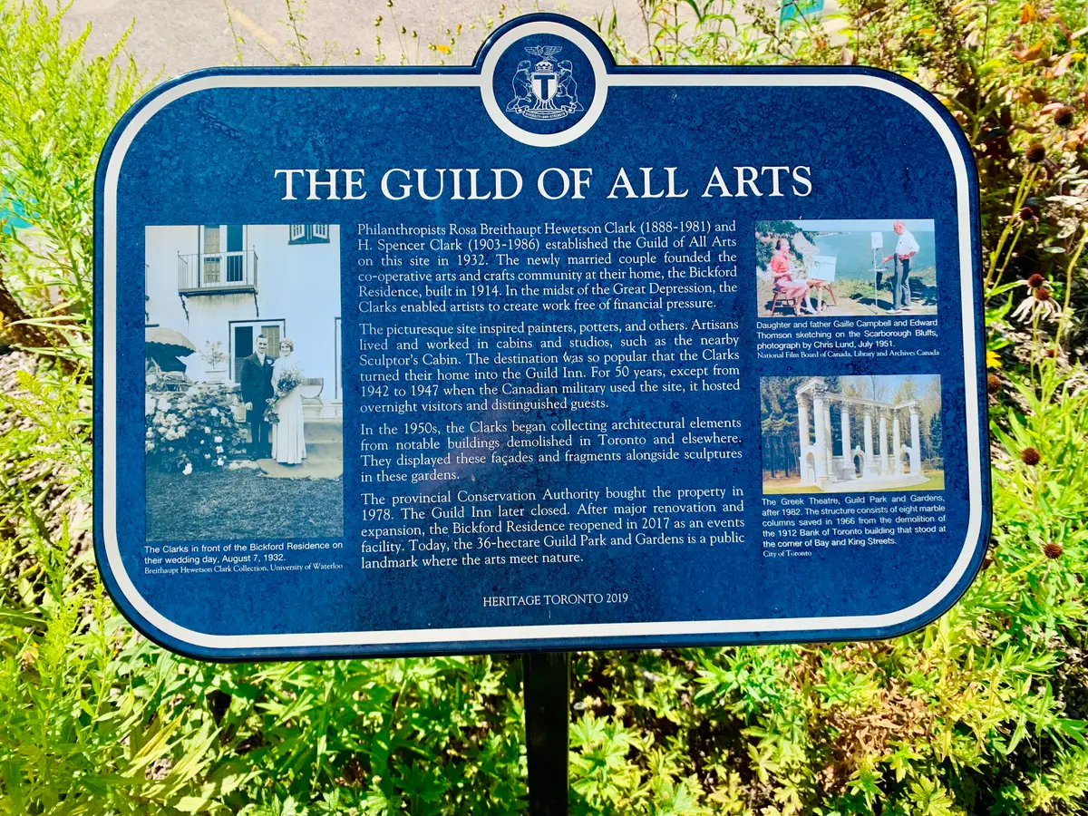 A blue Heritage Toronto plaque titled The Guild of All Arts, with text and historic photographs.