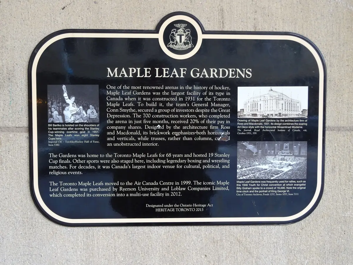 A Heritage Toronto plaque for Maple Leaf Gardens, with a crest, text and three historic photographs, on a pale wall