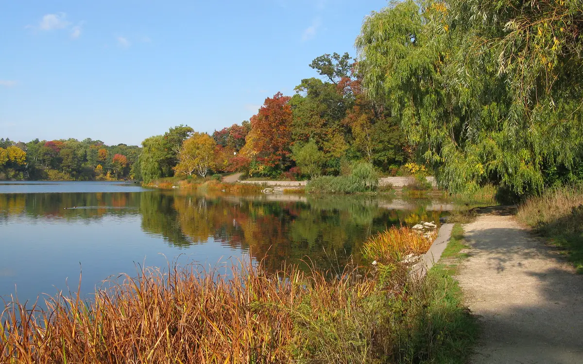 Still water reflecting autumn trees in red, orange and green, with a weeping willow and a gravel path along the right-hand shore