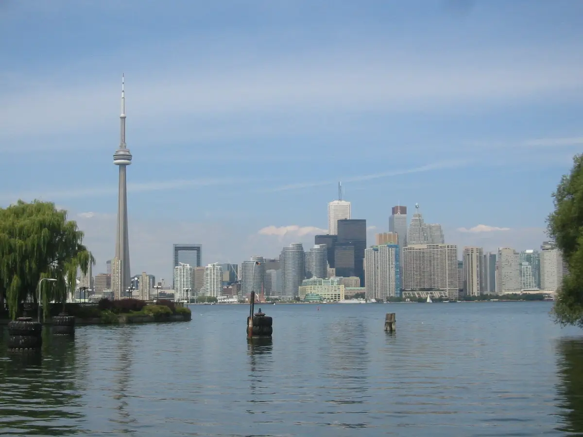The Toronto skyline across the harbour water, with the CN Tower on the left, seen past willow trees and mooring posts on the islands