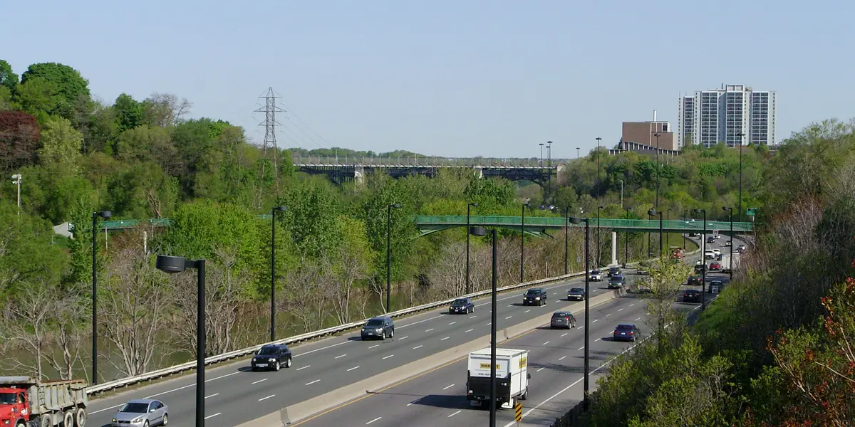 The Riverdale Park pedestrian bridge crossing the Don River, the Don Valley Parkway and Bayview Avenue