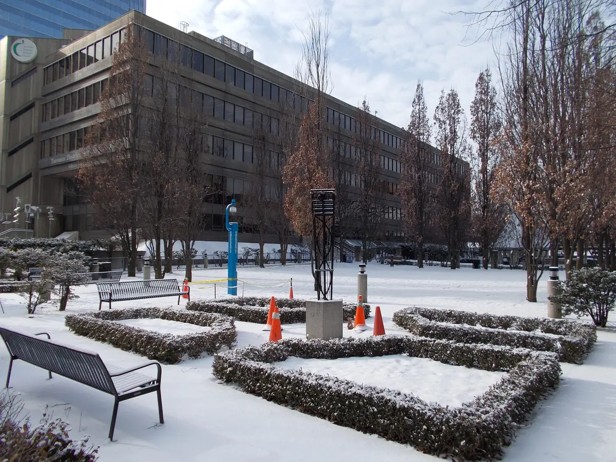 Mel Lastman Square under a layer of snow, with clipped hedges around a garden court, a bench and bare trees