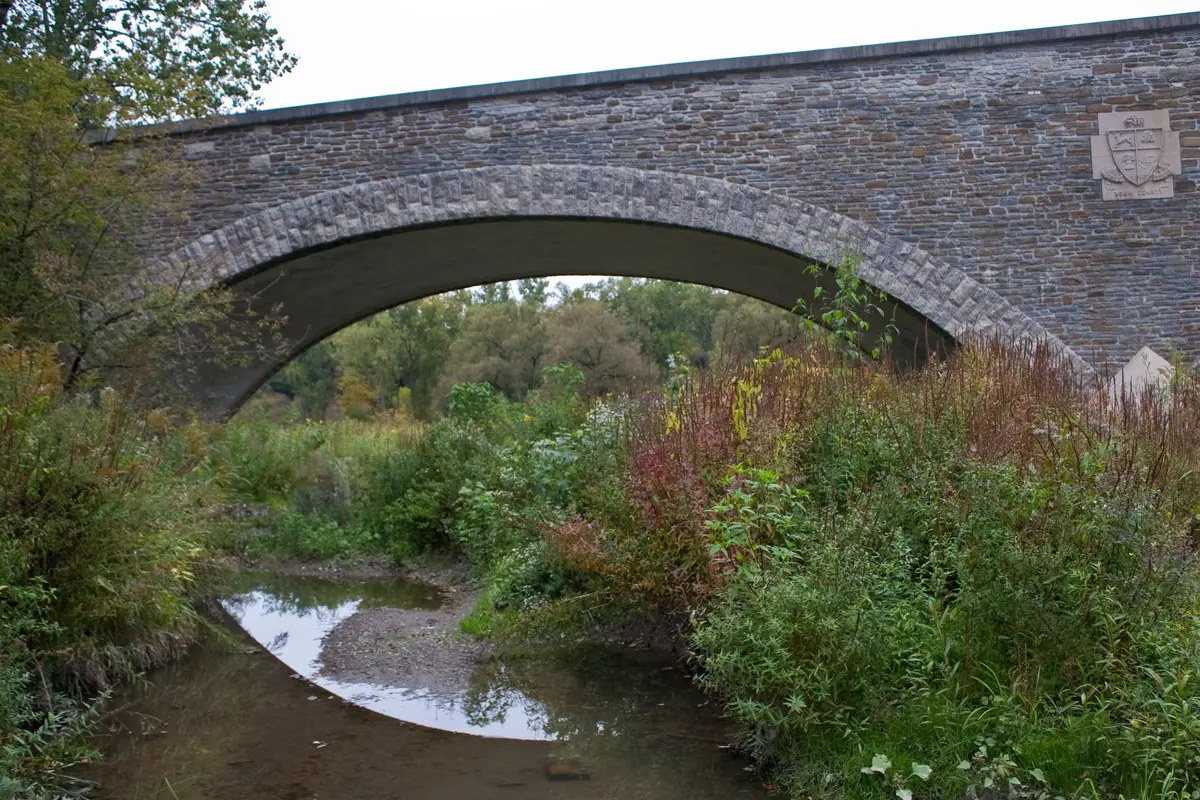 A stone arch bridge crosses a shallow stretch of the Humber River, with autumn-coloured plants on the bank and trees beyond the arch
