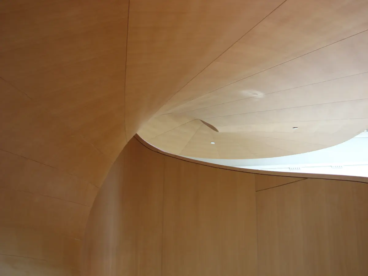 A curving wooden staircase and glass wall inside the Art Gallery of Ontario