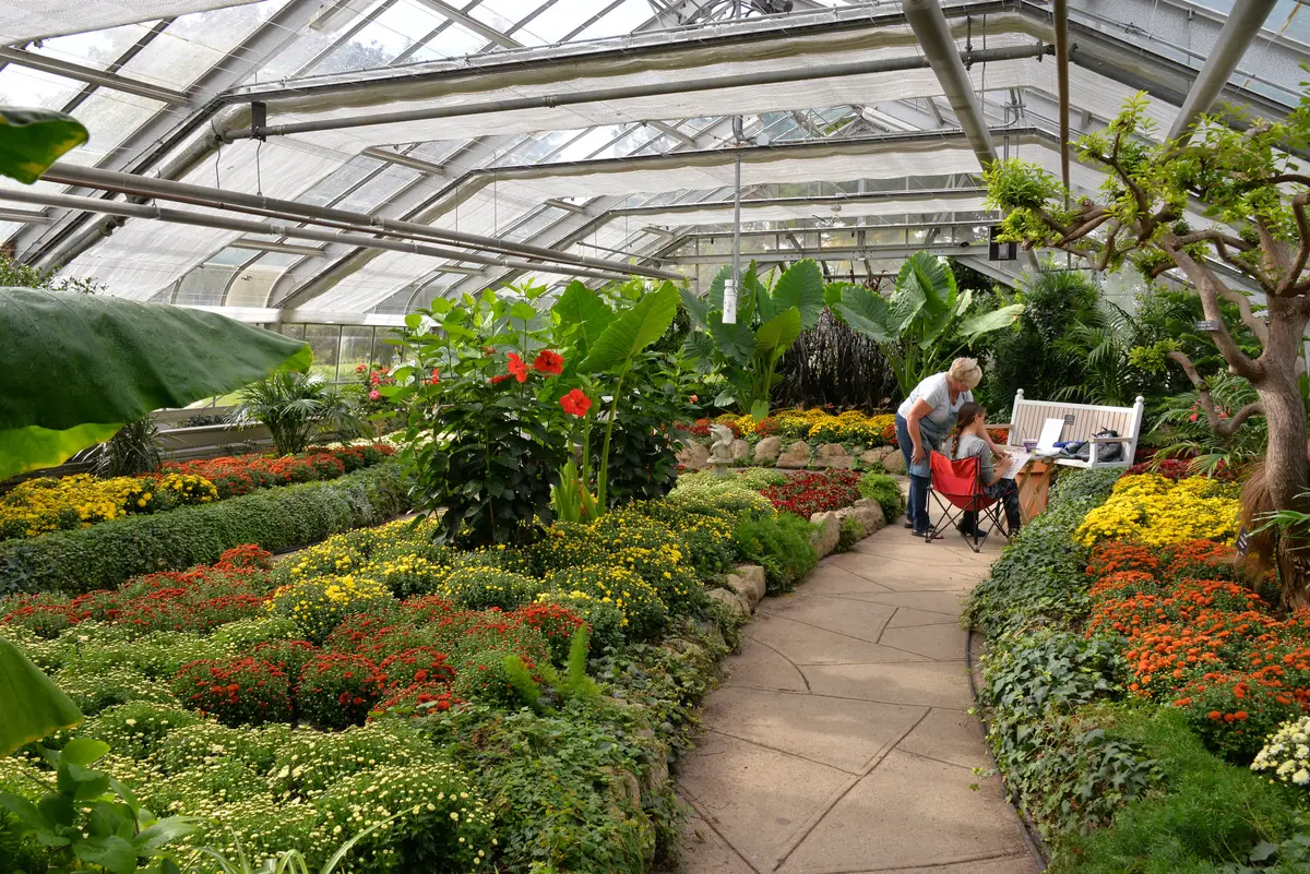 Path through a greenhouse at Centennial Park, lined with beds of orange, yellow and red flowers, with two people at a table at right