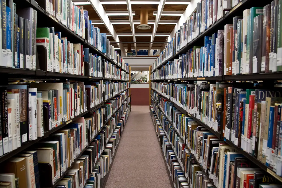 A long aisle between tall library shelves packed with books