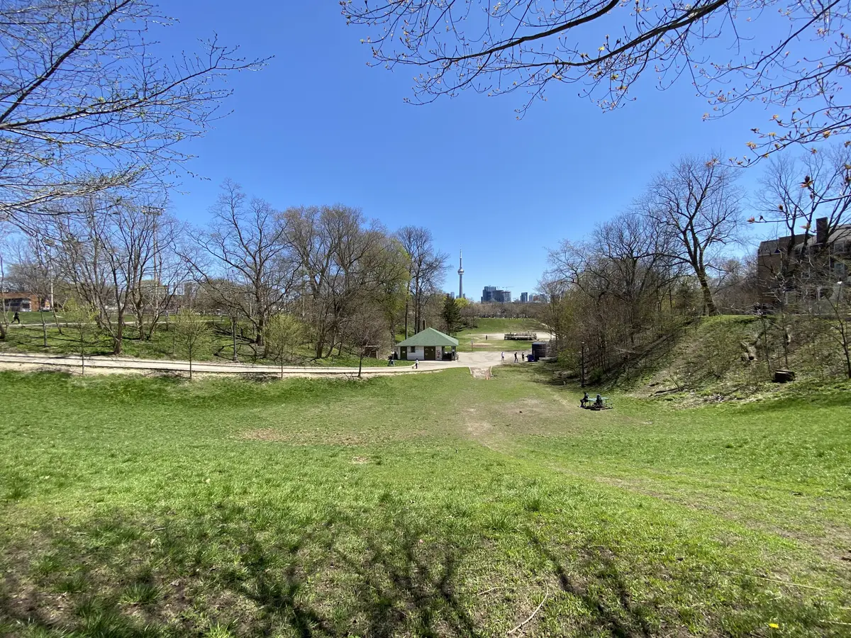 A wide lawn and bare trees in Trinity Bellwoods Park on a clear day, with the downtown skyline in the distance
