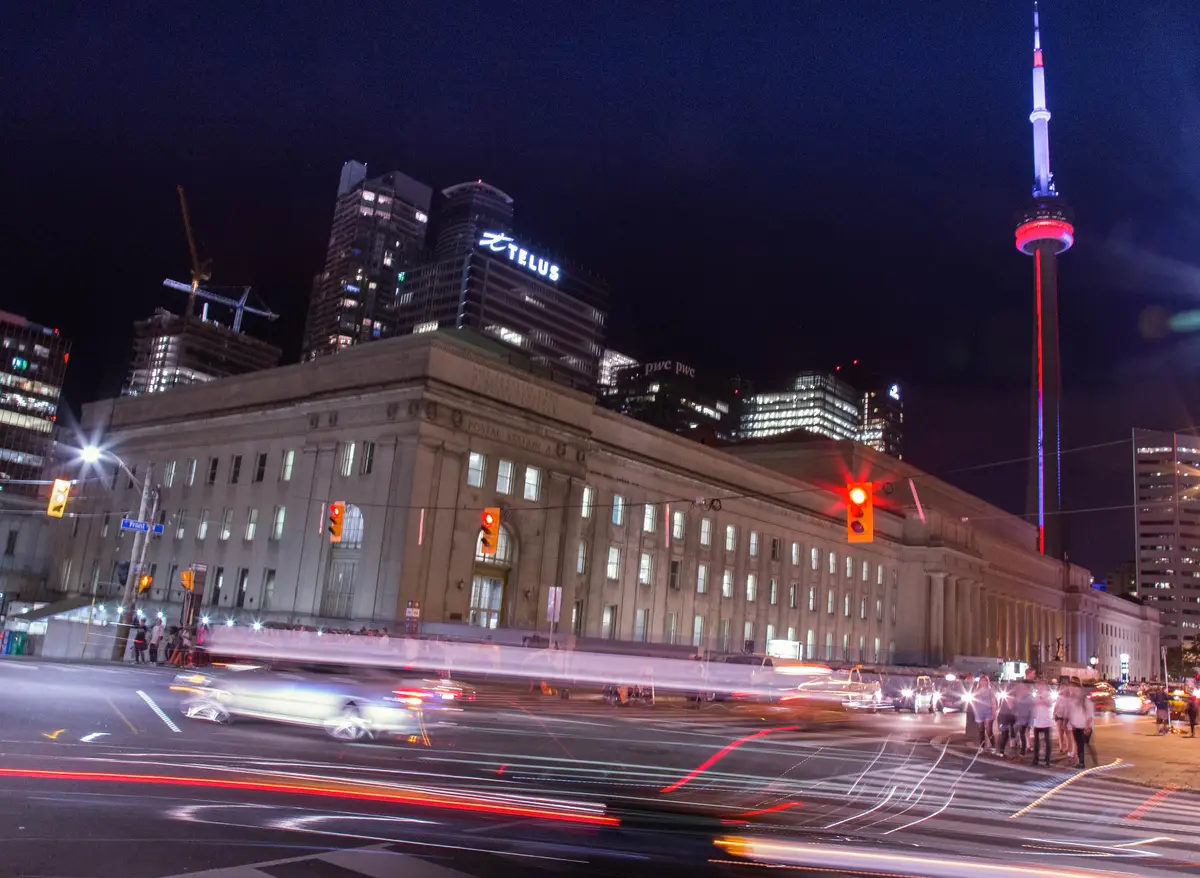 Union Station in Toronto at night.