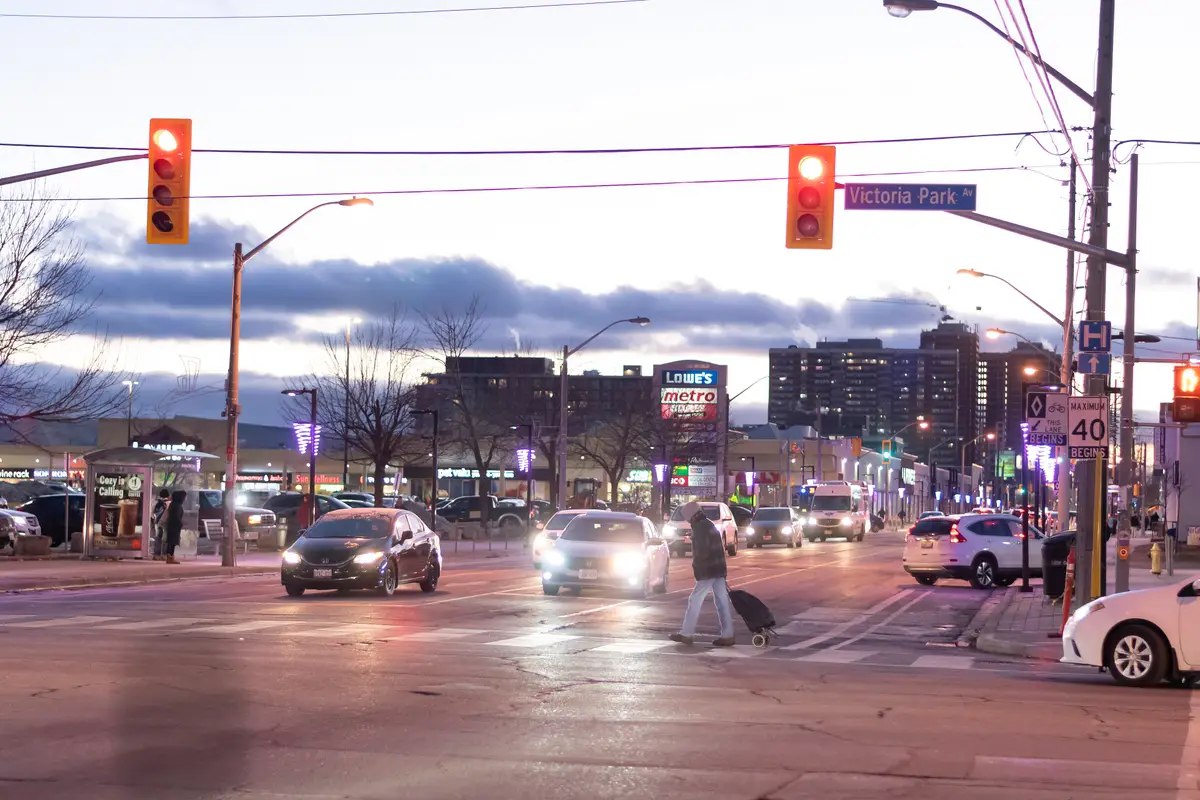 Traffic signals at the Danforth and Victoria Park Avenue intersection
