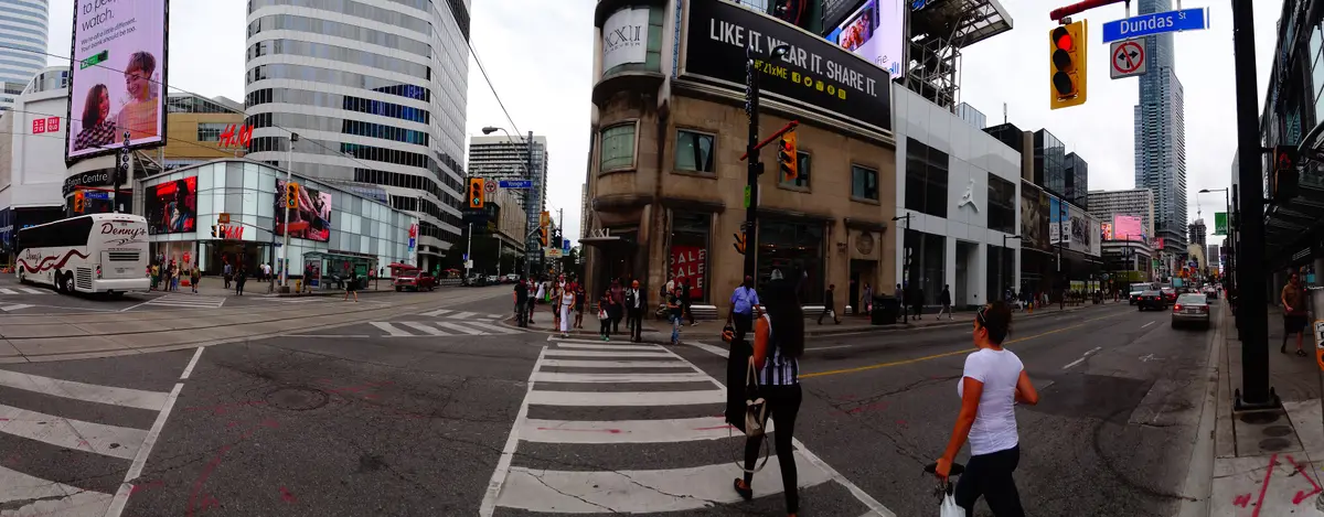 Panorama of the intersection of Yonge and Dundas streets.